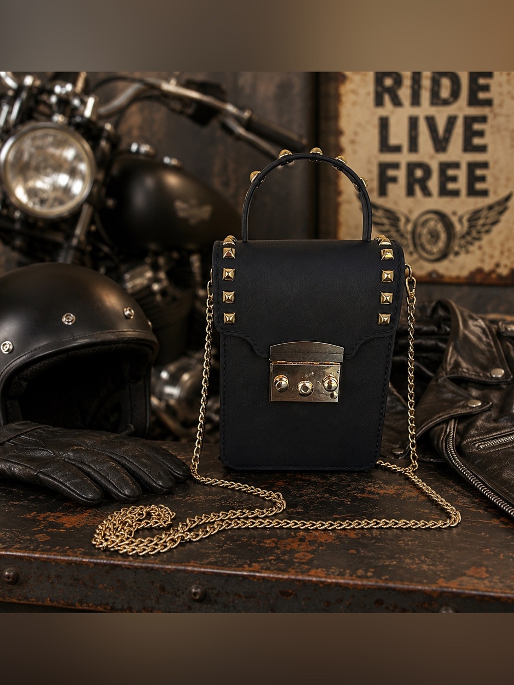 Black Studded Crossbody Bag with Gold Hardware - Picture 8 of 8